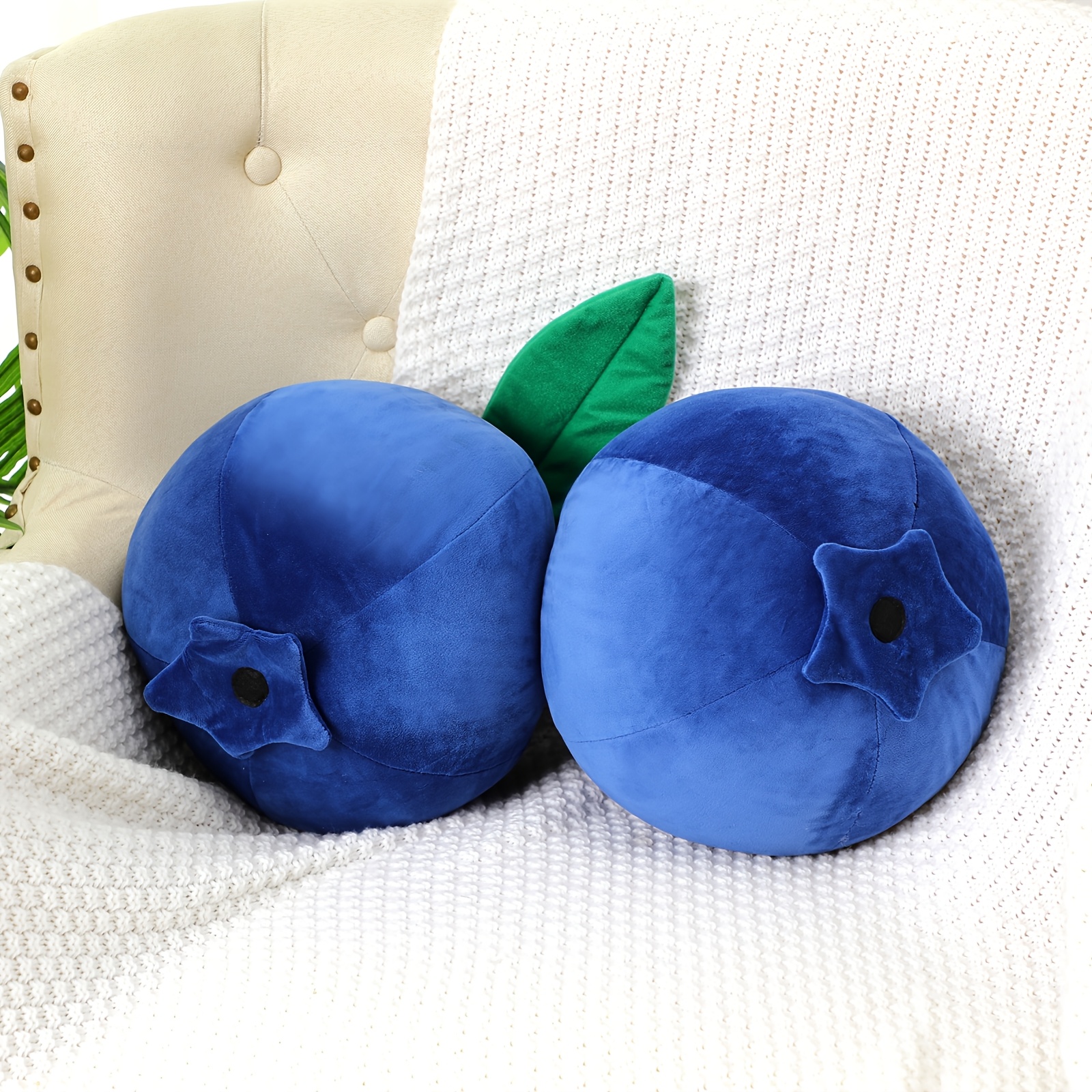 2pcs Kawaii Blueberry Pillow Covers - Soft Plush 100% Cotton Decorative Fruit Cushions with Green Leaf Accents, Machine Washable Contemporary Home Decor for Girls &amp; Women, Cute Gift for Bedroom, Living Room