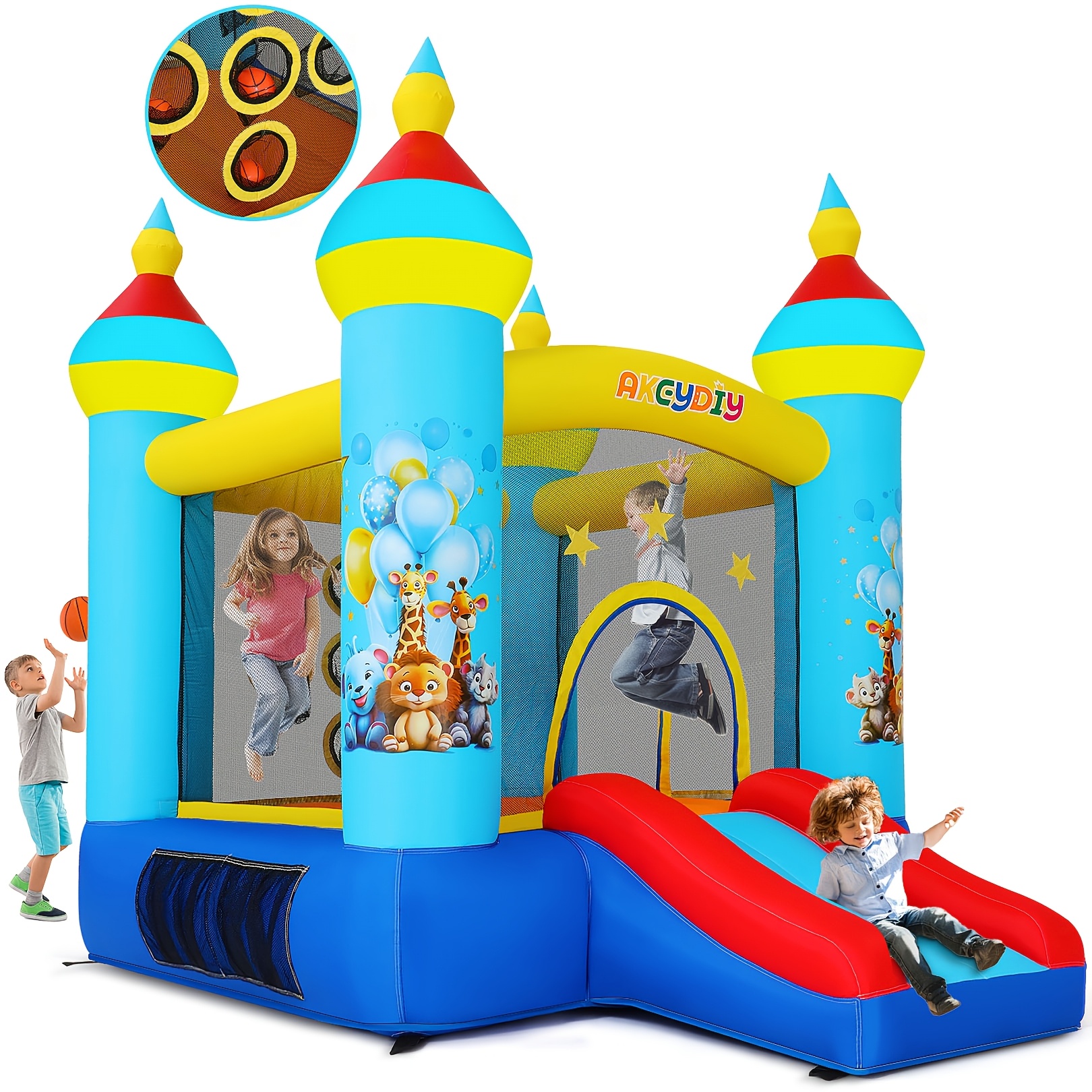 Bounce House, zabavna hiša za skakanje s puhalnikom, tropska džungla živali zabava, tobogan za skakanje in igralni , igra metanja žogic,