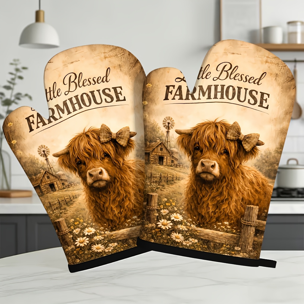 TEMU Set Of 2 Distressed Barn Highland Cow Realistic Illustration Oven Mitts - 27x17cm, Polyester Material, Suitable For Kitchen, Baking, And Home