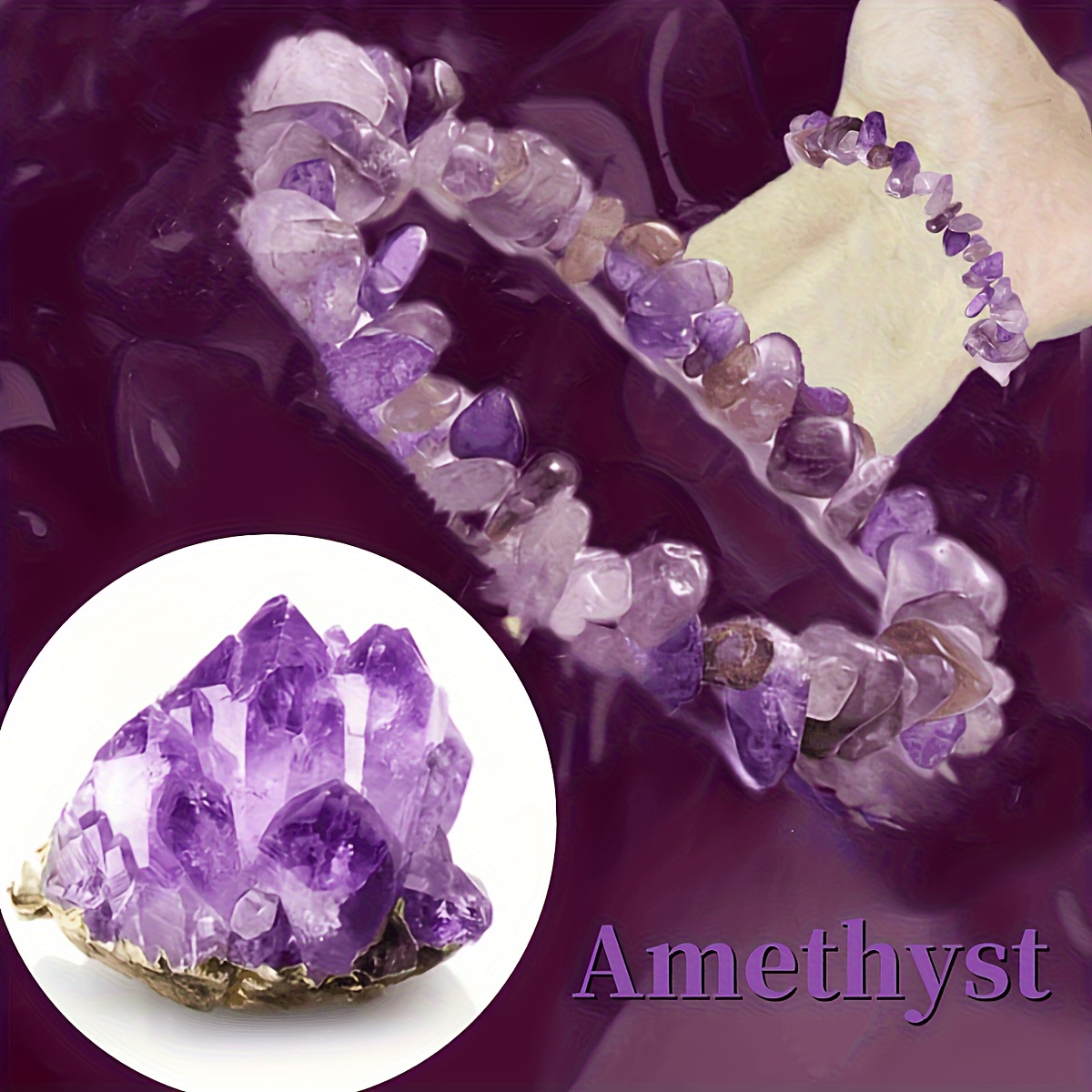 

1pc Elegant Natural Amethyst Chip Bracelet, 5-8mm Polished Crystal Beads, Adjustable Solid Unscented Jewelry For Women