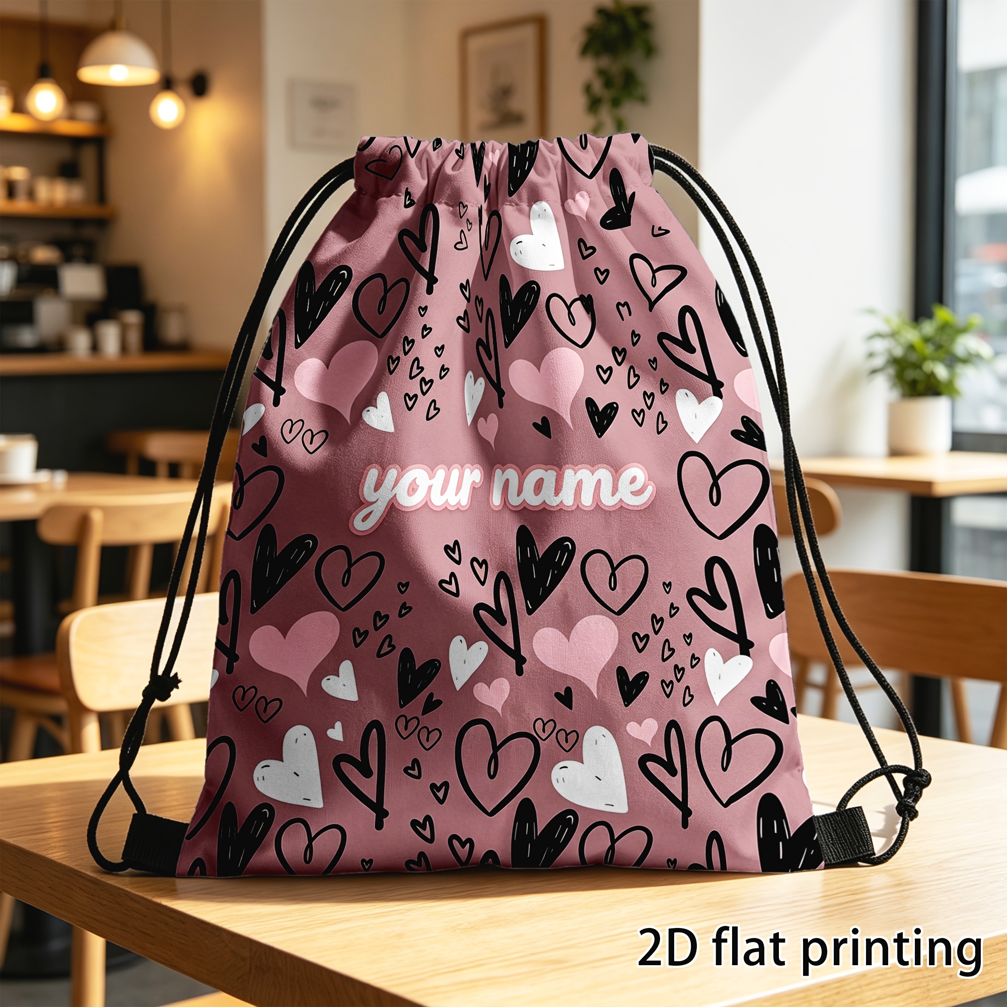 TEMU 1pc, Customized Drawstring Backpack, Custom Name Drawstring Bag, Doodle Heart Pattern Print, Personalized Lightweight Gym Sack, Portable Storage