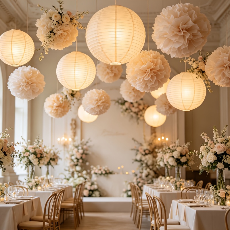 item picture 17pcs   paper pom pom paper lantern set for wedding outdoor party ceiling decor forest themed birthday banquet shower proposal setup essential   multi size paper pom poms 15 20 25cm 20 25cm paper lanterns no assembly