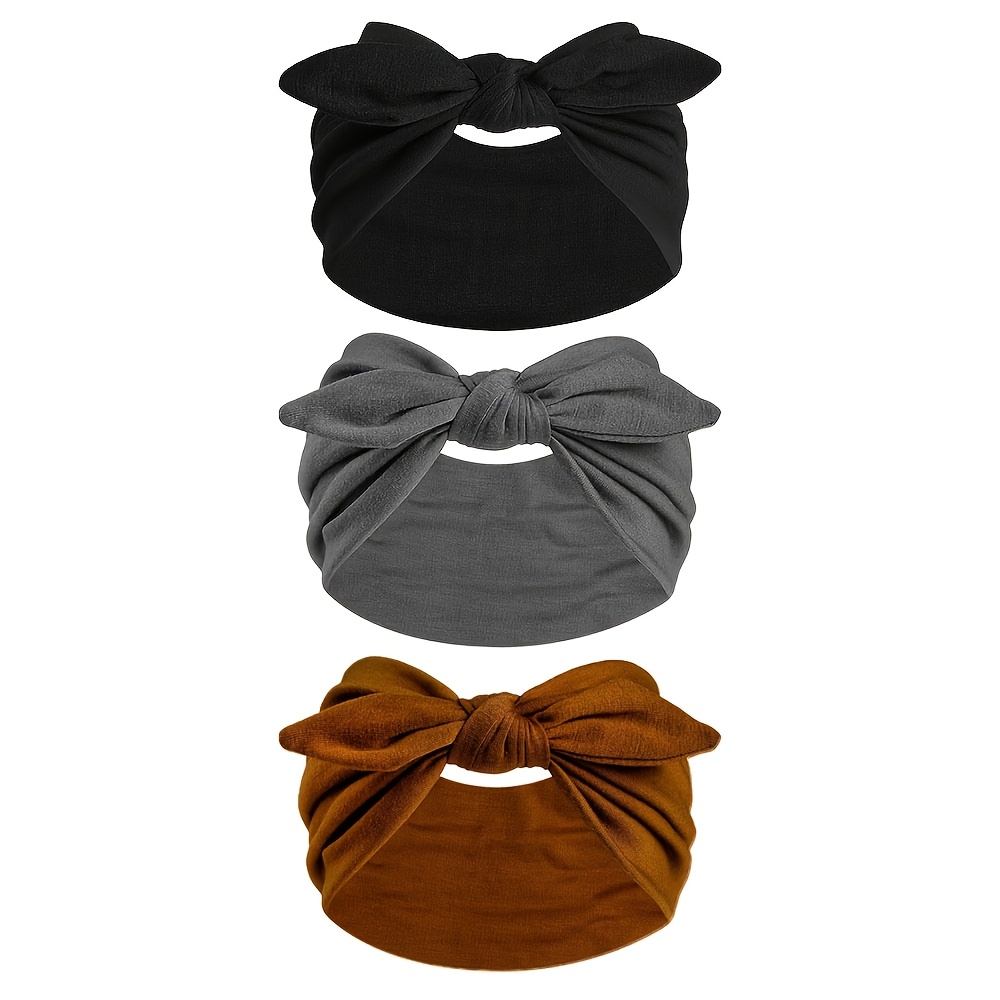 TEMU 3pcs Boho Unisex Thick Non-slip Headbands, Soft Stretchy Wide Hair Bands With Rabbit-ear Bow Knotted Design, Women Hair Additions For Makeup