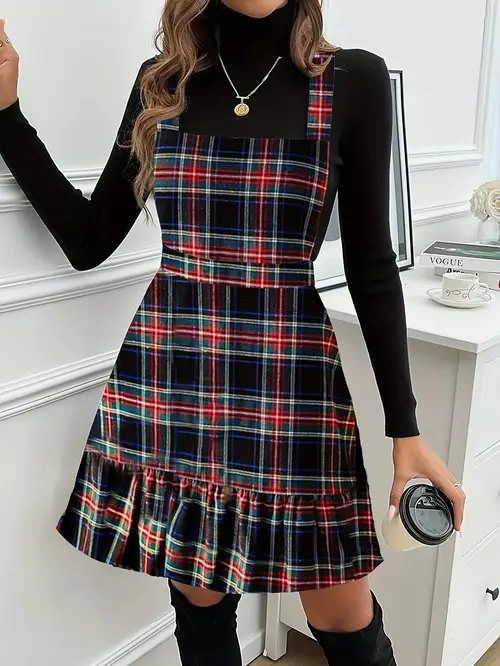 elegant ruffle hem dress for women chic cross back strap design sleeveless polyester overall dress with button details machine washable