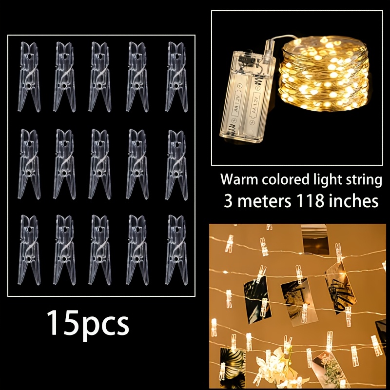 TEMU 15 pinces + 1 guirlande lumineuse à couleurs chaudes, lumière de décoration murale pour photo, guirlande lumineuse LED avec pince, pour photo,