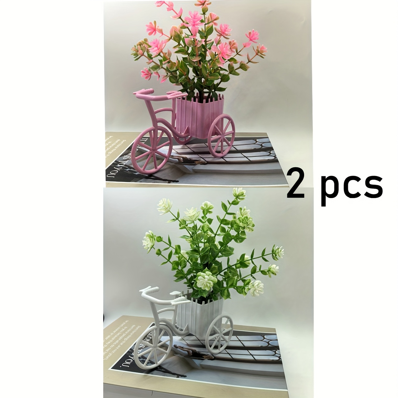 2pcs Bicycle Decorative Ornaments With Artificial Greenery, Mini Flower Basket And Simulated Potted Plants For Home Decoration, Room Décor Accessories