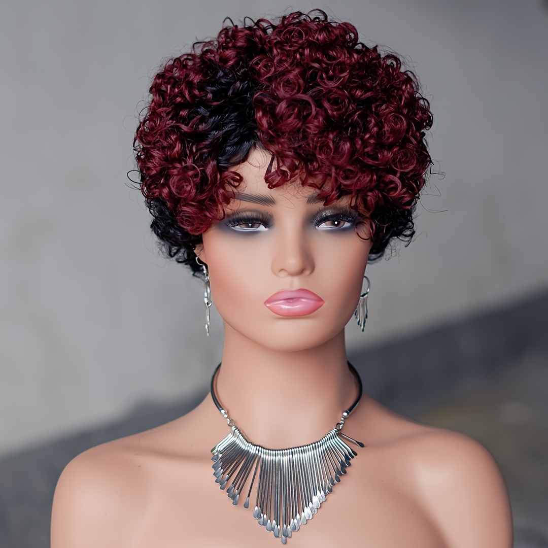 

6inch Short Curly Wigs For Women None Lace Front Human Hair Wigs With Bangs 180% Density Machine Made Pixie Cut Curly Wave Wigs T1b/99j