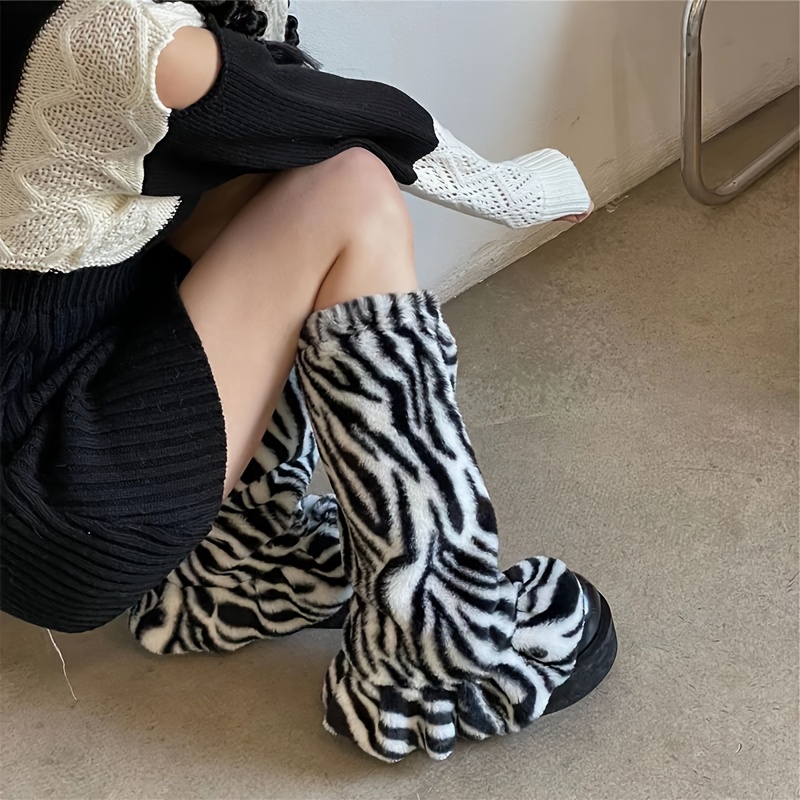 Image of 1 Pair Of Cow Print Zebra Mid-calf Socks, Warm And Slimming Leg Warmers, Stackable Socks, For Teenager