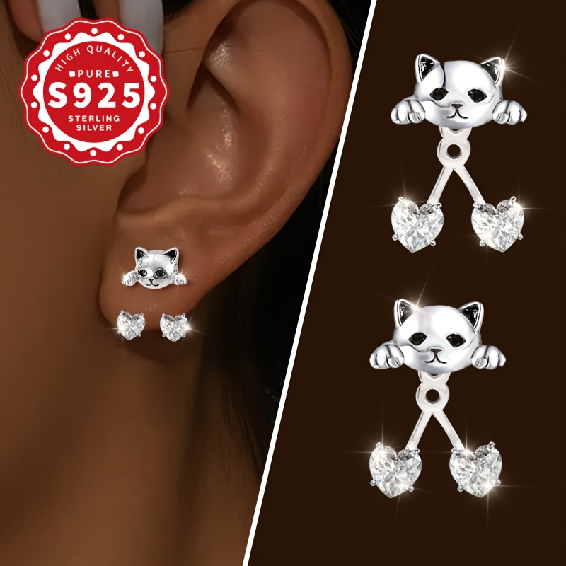 Image of A Pair Of S925 Sterling Silver, Women's Cat Back-hanging Earrings, Personalized , Cute And Sweet, Exquisite And Shiny, Suitable For Daily Versatile Gift , Hypoallergenic