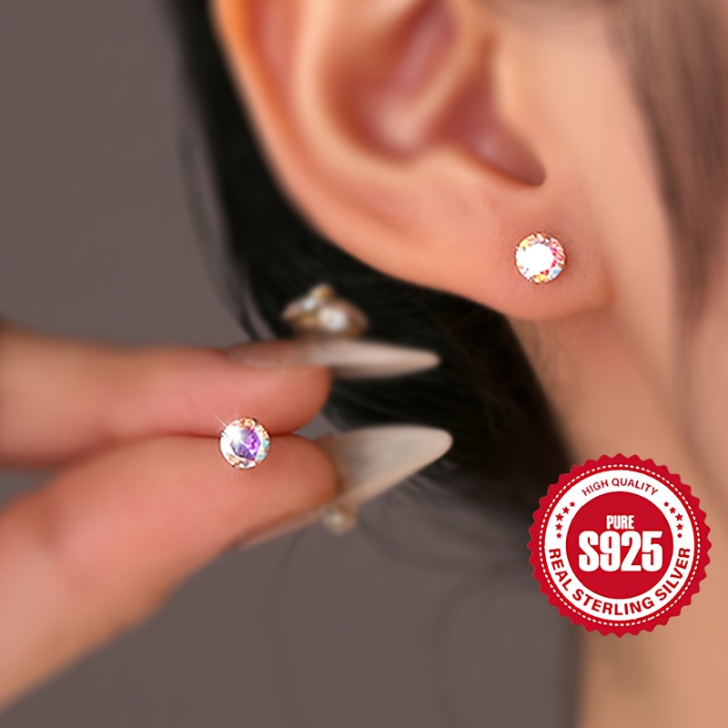 

Exquisite 925 Sterling Silver Hypoallergenic Stud Earrings With Colorful Zircon Inlaid Elegant Leisure Style Match Female Daily Outfits