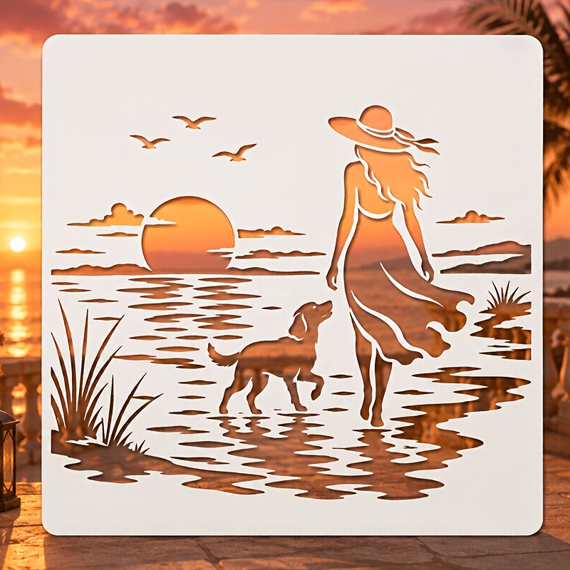 TEMU 1pc Walk Template, Size 30cm X 11.81inch X 30cm/11.81inch, Suitable For Women And Dogs' Seaside Painting Wall Art, Canvas, Fabric, Tote Bags,