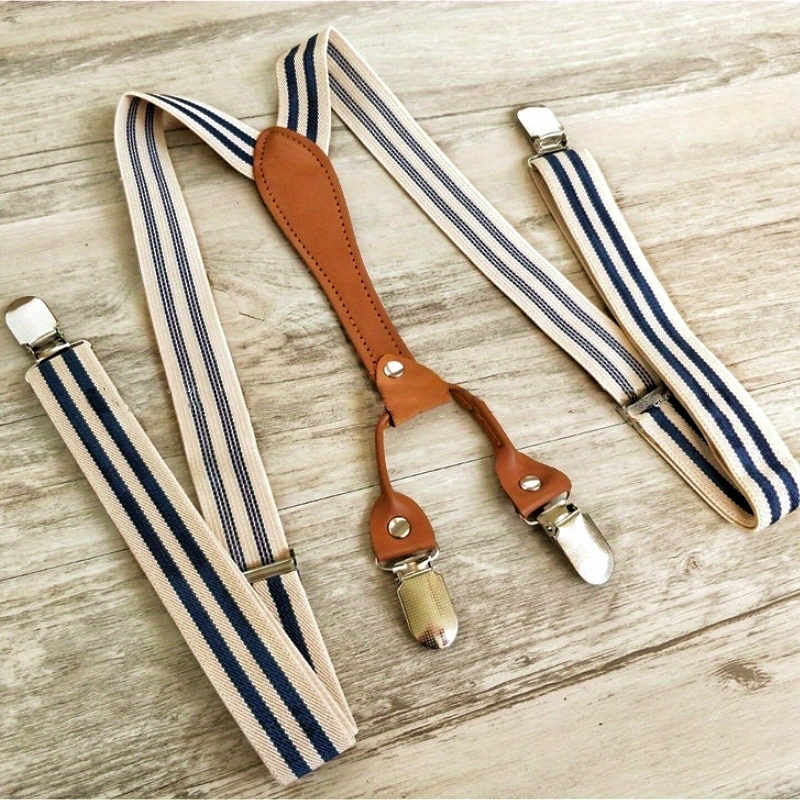 Image of 1pc 4-clip Elastic Striped Suspenders, Vintage Suspenders, Clothing Accessory, Men's Party Gift