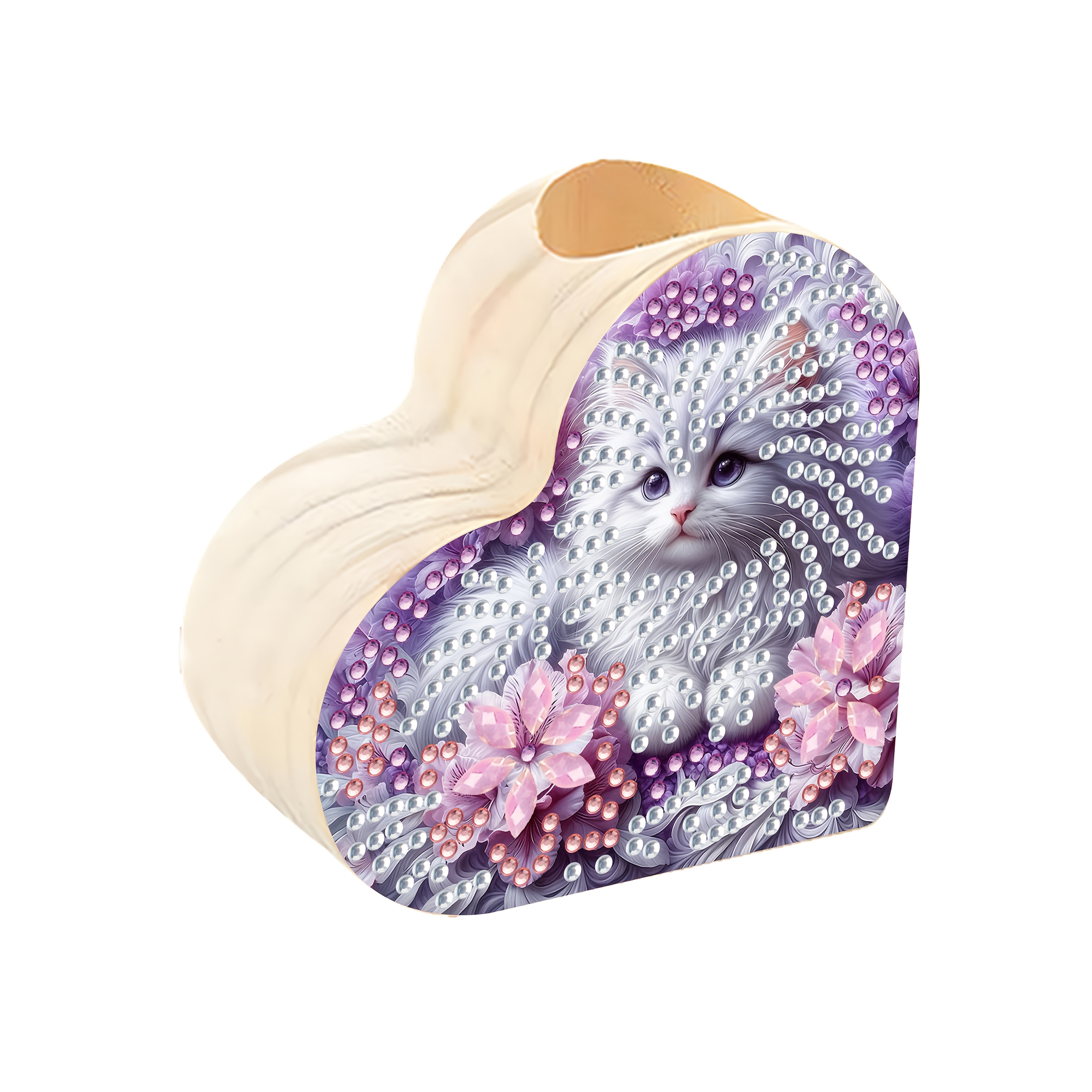 TEMU Un ensemble de bougeoirs de cœur avec peinture diamant, représentant un chat blanc pompon, fabriqué en bois avec une mosaïque de cristal unique.