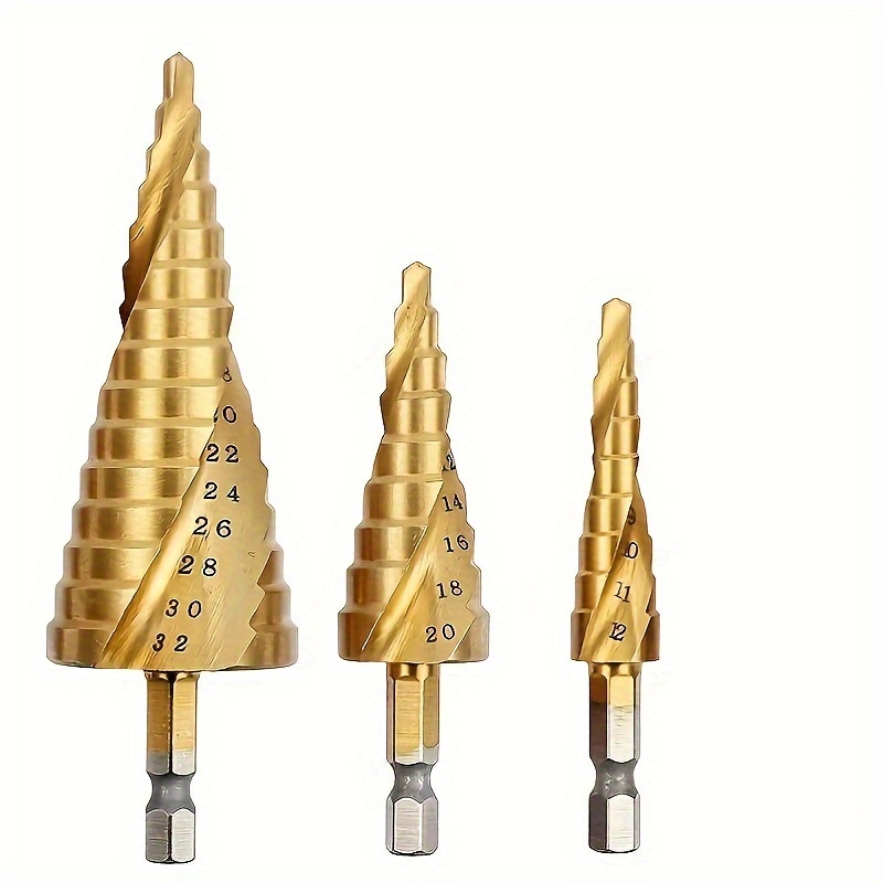 

3-piece Titanium-coated Spiral Groove Step Drill Bit Set With 118° Split Point - High-speed Steel For Metal & Wood, 4-32mm Sizes, Longer Life & Faster Cutting - With Automatic Center Punch