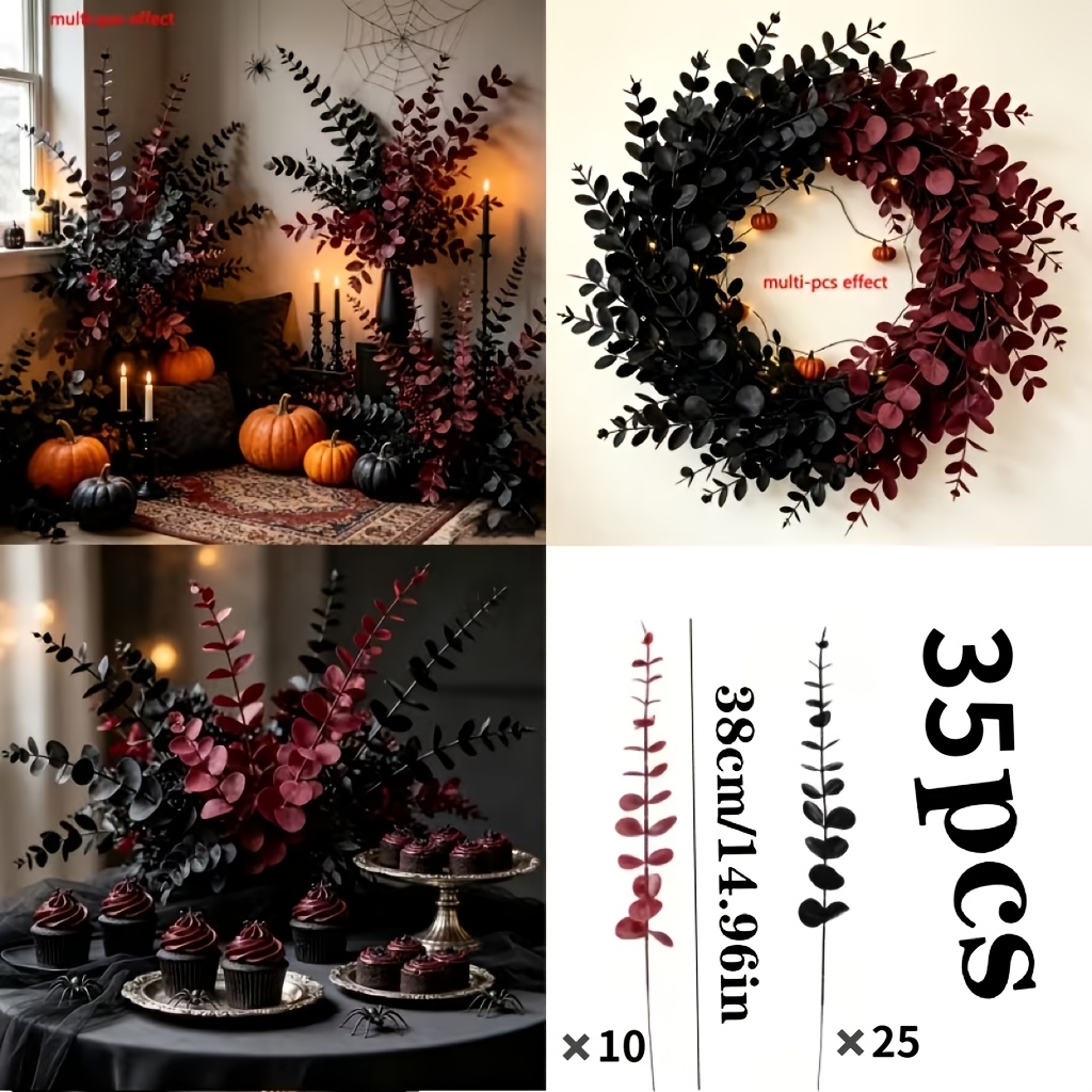 TEMU 35 pièces Branches et Feuilles d'Eucalyptus Artificielles -Rouge Style Gothique Noir et Bordeaux, Décoration d'Halloween , Feuilles d'Eucalyptus