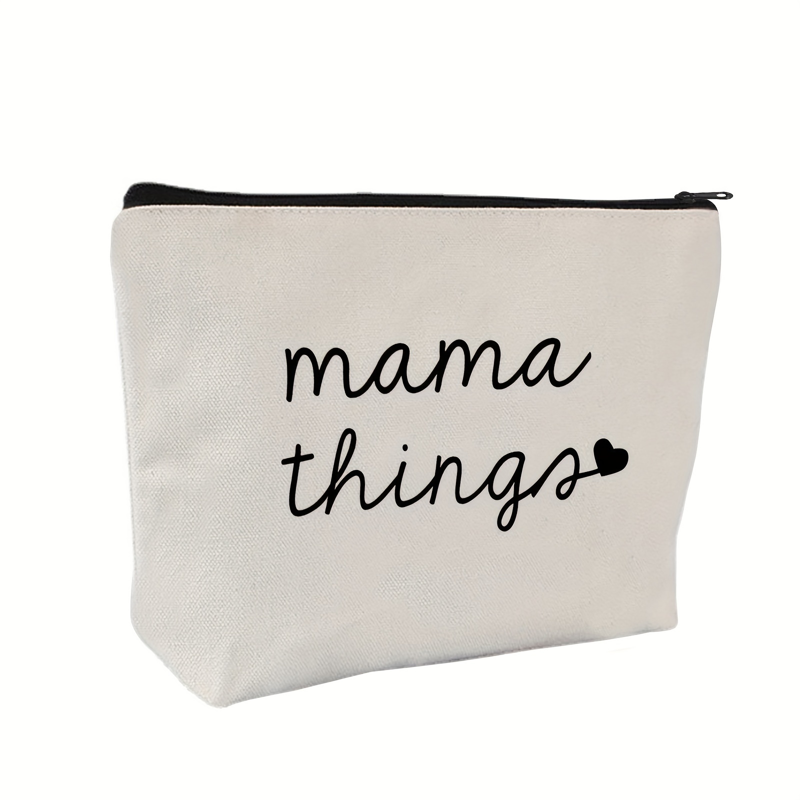 

Mama Things Makeup Bag – Hypoallergenic Travel Cosmetic Pouch With Zipper, Storing Essentials, Great Gift For Moms , White With Black Lettering, Large Makeup Bag