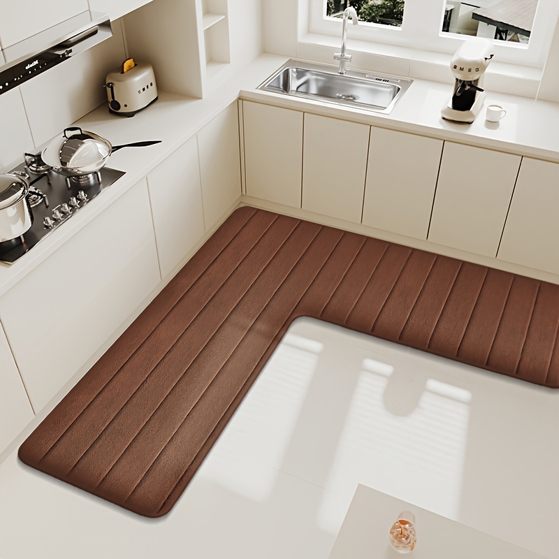 TEMU Solid Color L-shaped Flannel Absorbent Mat Home Kitchen Oil-absorbing Anti-slip Foot Pad Bathroom Entrance Door Mat Corner Carpet