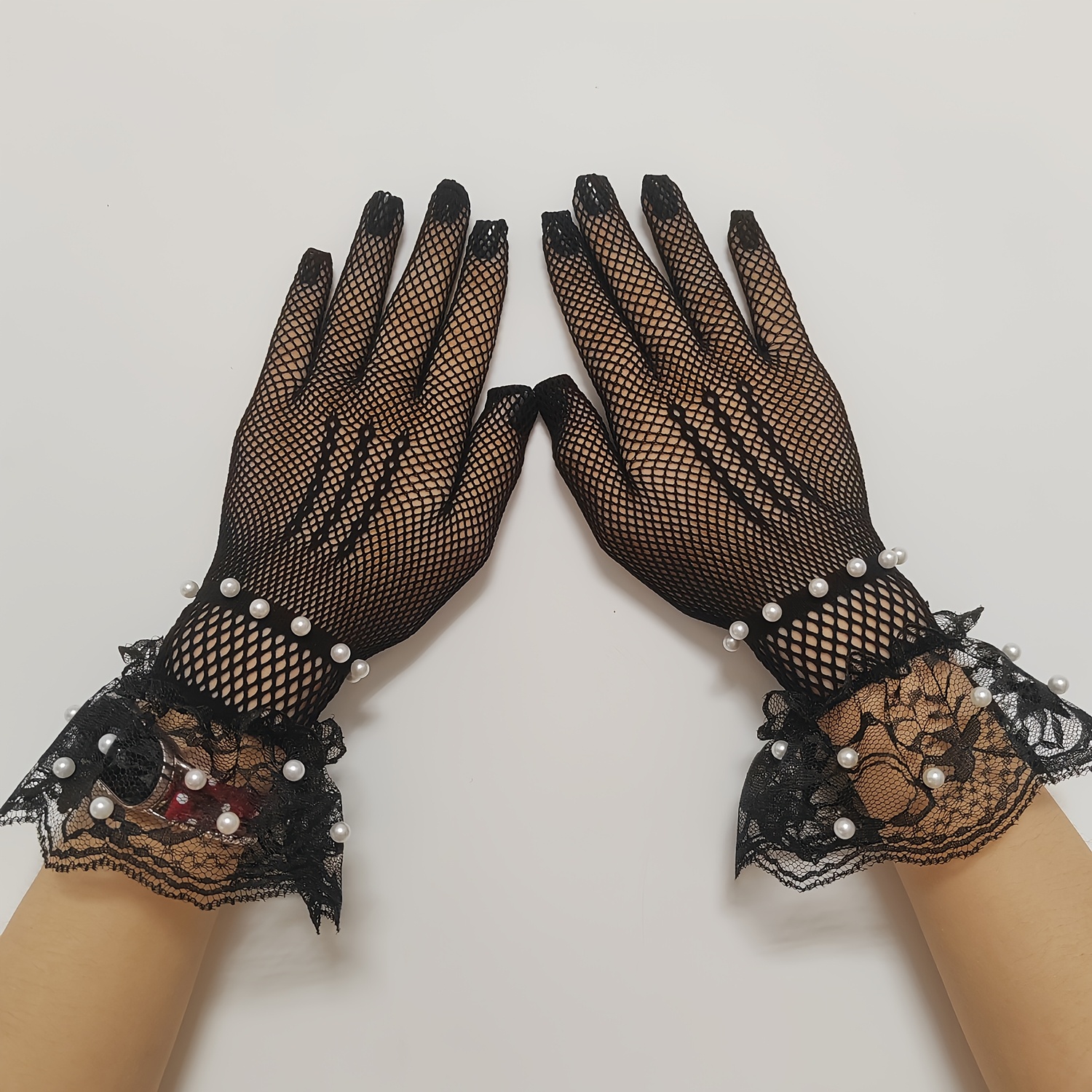 TEMU 1 Paire de Gants Décoratifs pour Femmes en Dentelle Noire et avec Perle, Style Vintage, Assortiment Robe et Tenue, Idéal pour Photographie,
