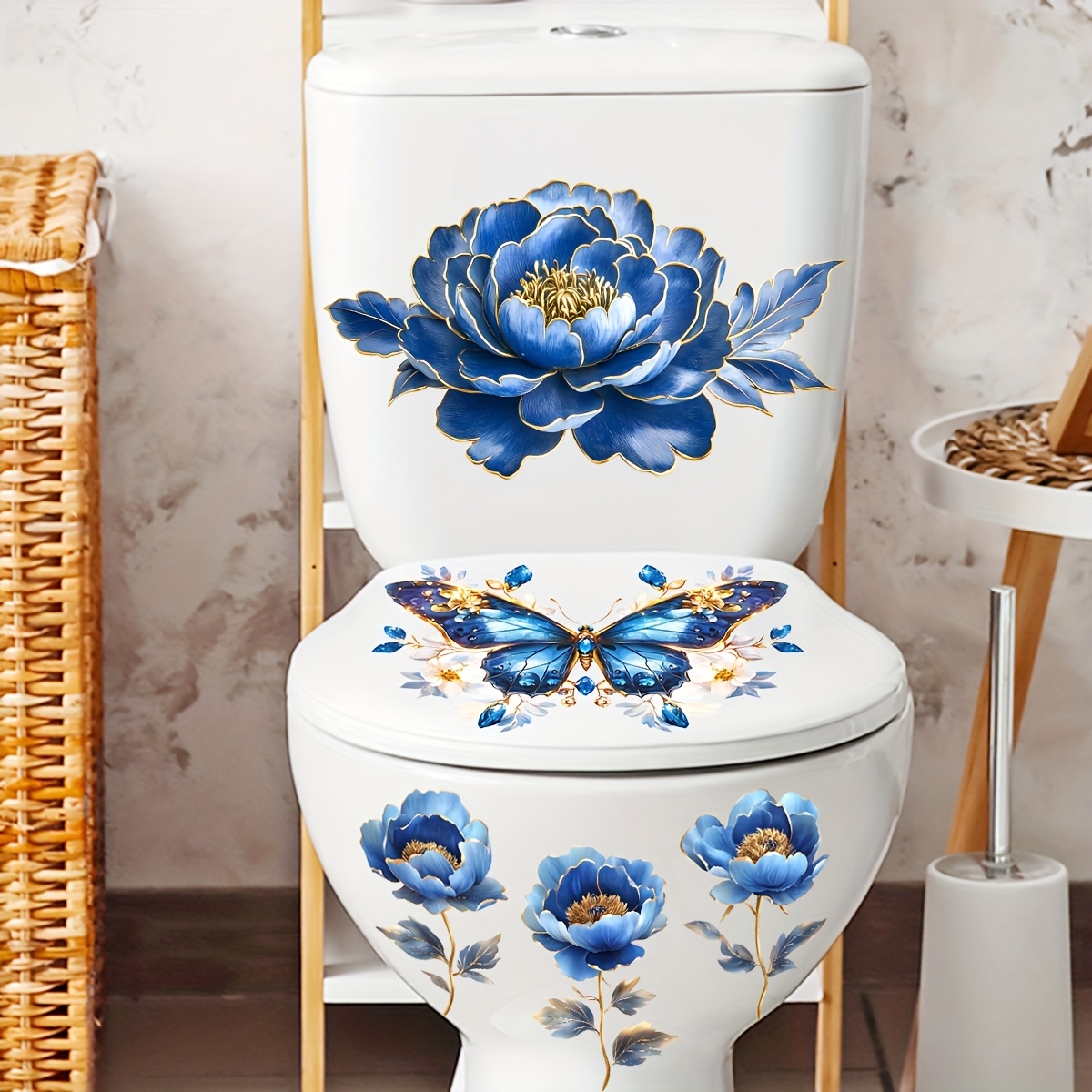 1pc Very Beautiful And Interesting Blue And Flower Toilet Stickers, Suitable For Cars, Walls, Laptops, Refrigerator Glass, Etc