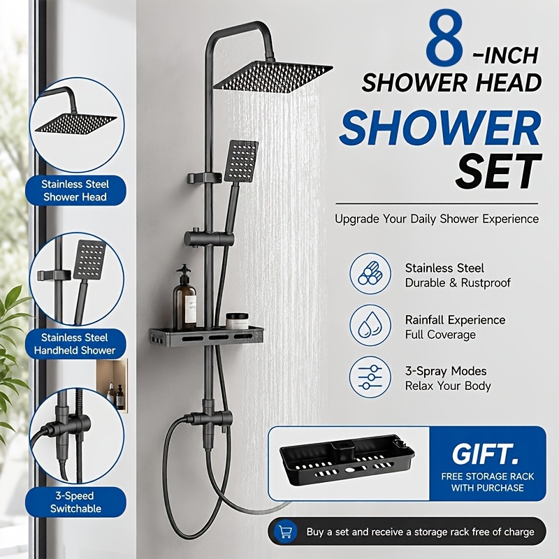 Image of Matte Grey Shower Set With Elegant Design, Top Head & Handheld Shower, High Pressure Wall Mount Bathroom System With Storage Shelf, Adjustable Height For Home, Apartment & Hotel Bathroom Upgrade