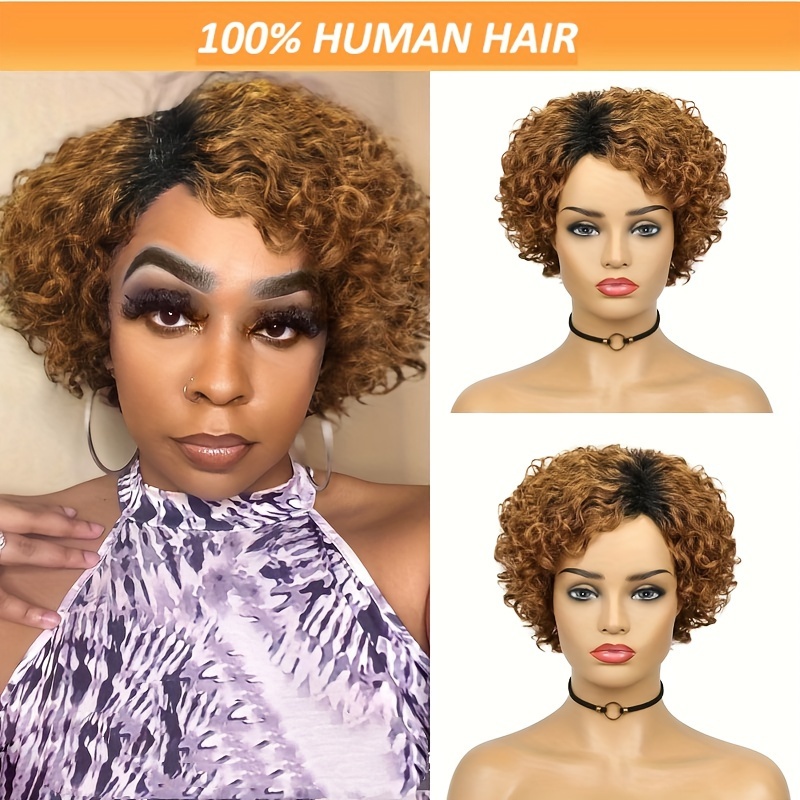 

Elegant 6-inch Afro Curly Human Hair Wig In Natural Brown - 100% Real Hair, Short Water Wave Style, Easy To Wear, 150% Density