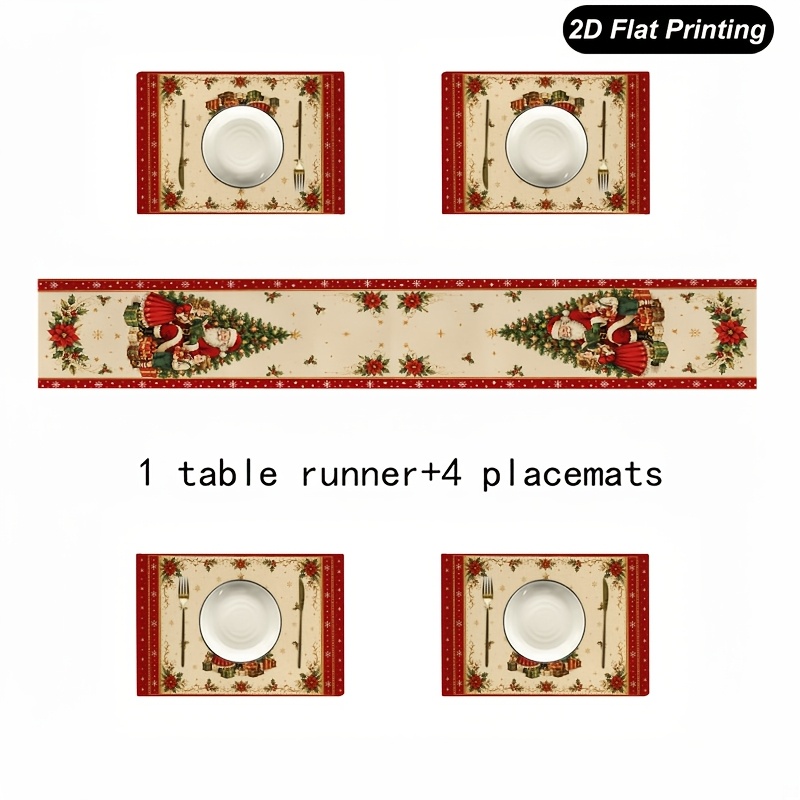 TEMU 5/7pcs Santa Christmas Floral Table Runner And Placemat, 1pc Table Runner And 4/6pcs Placemat, Seasonal Table Decorations, Country Farmhouse