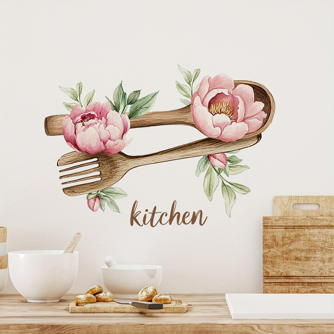 Image of Spoon Kitchen Utensil Cutlery Wall Stickers, Peony Wall Stickers Removable Vinyl Decals For Kitchen Dining Restaurant Baking Room Decoration, Decor, Unique Holiday Gift