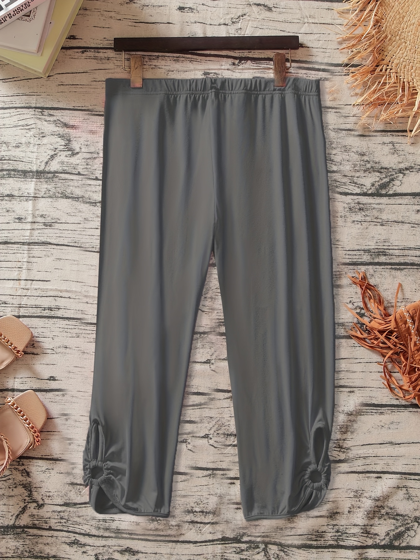 Women's Plus Size Stretchy Casual Pants - Solid Color Black, Elastic Waistband, Comfort Fit, Polyester, Machine Washable - Ideal for Spring/Summer/Fall
