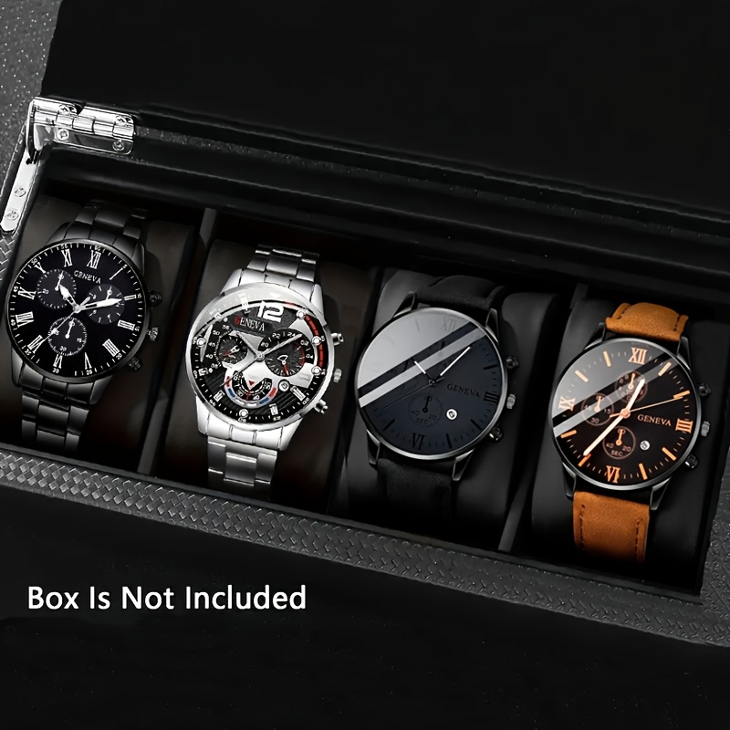 4pcs Conjunto de relojes de moda para hombres, movimiento de cuarzo, caja de aleación de zinc redonda, pulseras de cuero falso y acero inoxidable, alimentado por batería, con múltiples zonas horarias y función de fecha, para San Valentín, Pascua, Ramadán, cumpleaños, Navidad, Eid al-Adha - Director de Medio Oriente