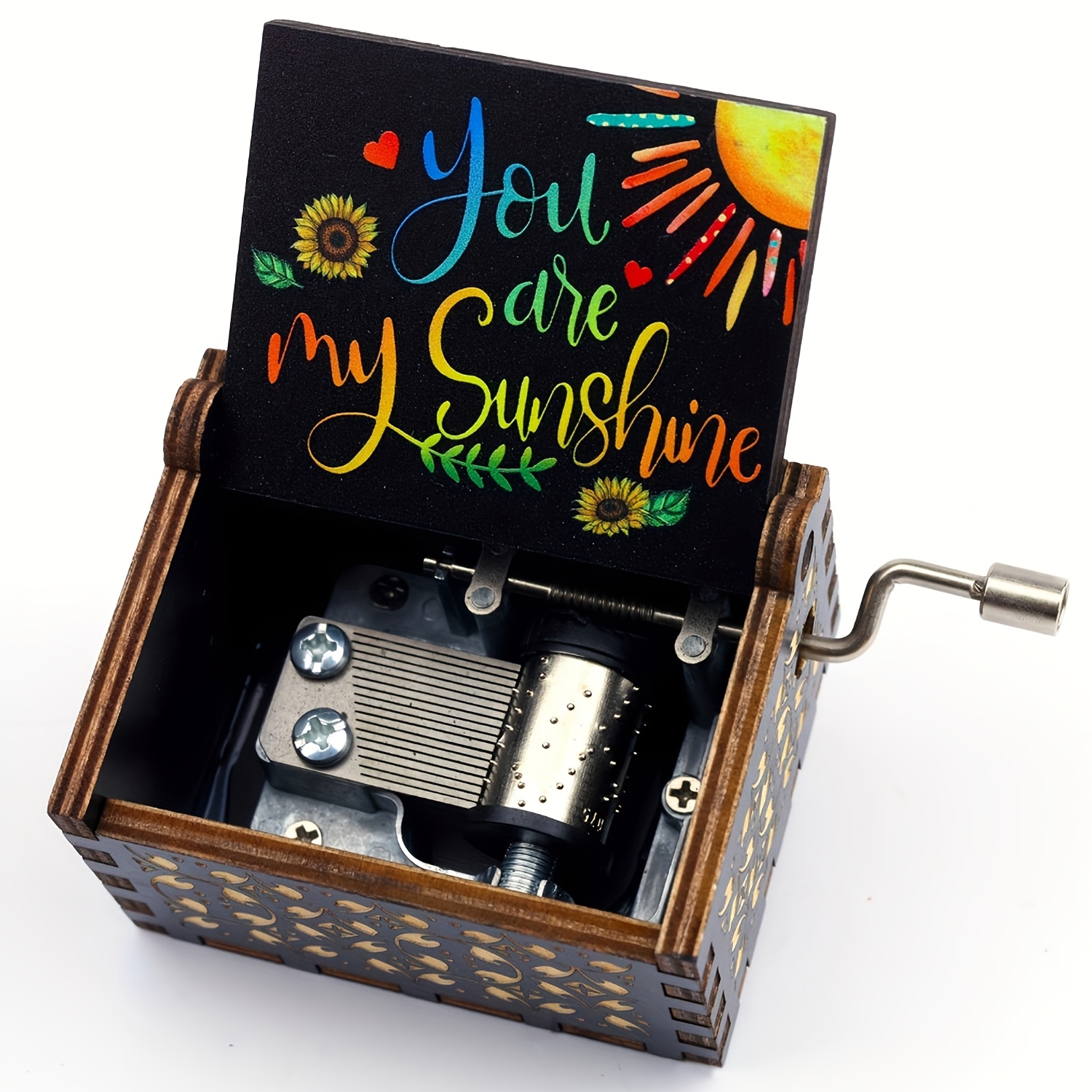 TEMU 1pc Hand-cranked Mini Music Box With Sunflower, Sun, And Other Patterns, A Small Home Decor Ornament, Suitable As A Gift For
