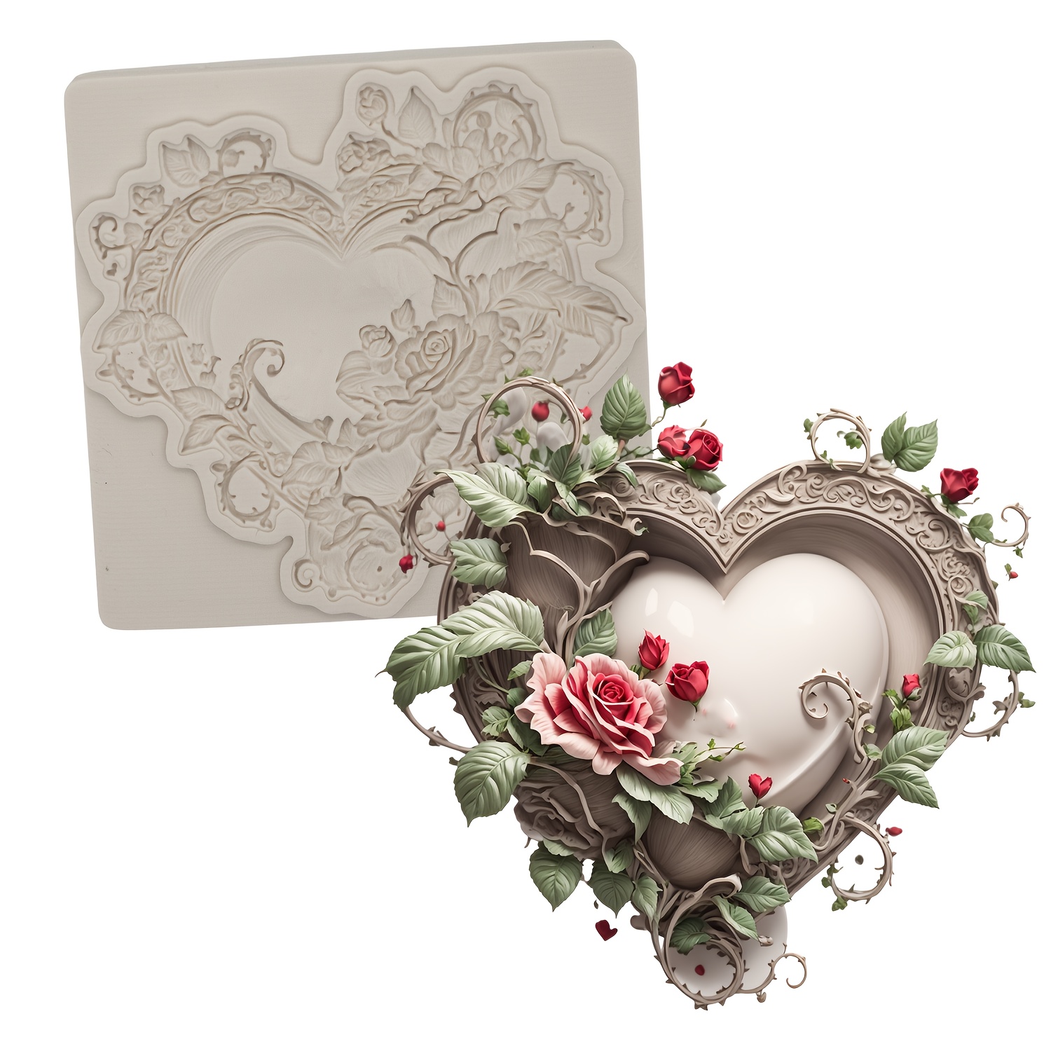 Image of Valentine's Day Heart-shaped Silicone Mold With Floral And Lace Patterns – Ideal For Cake Decorating, Chocolate, Candy, Resin, And Clay Crafts – Creative Diy Baking Tool, Cake Decorating Supplies