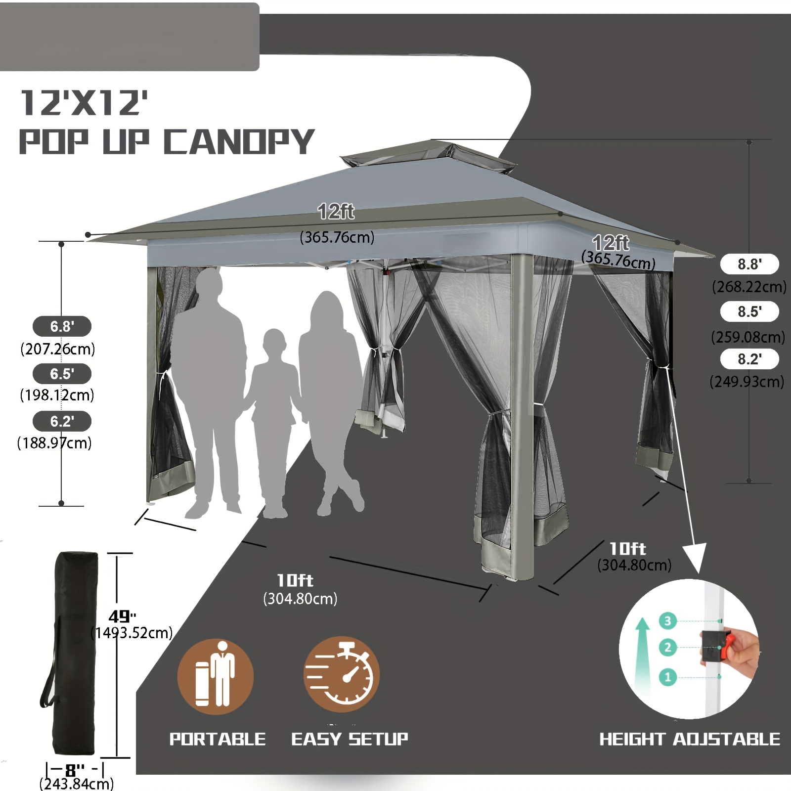 TEMU Tente d'extérieur 3.6*3.6m, gazebo pop-up avec moustiquaire, auvent de patio, tente d'arrière-cour à 2 niveaux ventilés, 3 hauteurs réglables et