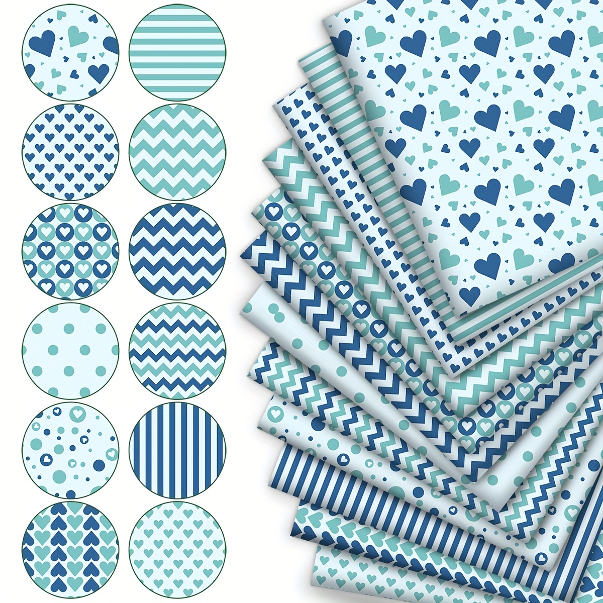TEMU Set Of 12 Summer-inspired Blue And Teal Fabric Bundles Featuring Heart Shapes, Stripes, And Polka Dots, Perfect For Quilting And Crafts, Ideal