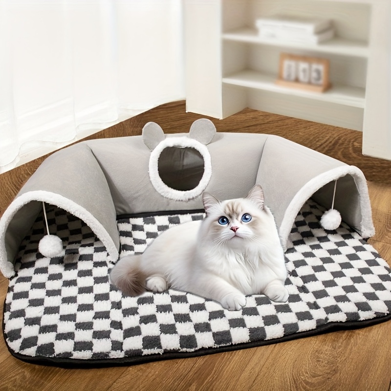 Tunnel pour animaux de compagnie pliable et tout-en-un pour chats, offrant de la chaleur en toutes saisons, avec un tapis pour animaux amovible et lavable