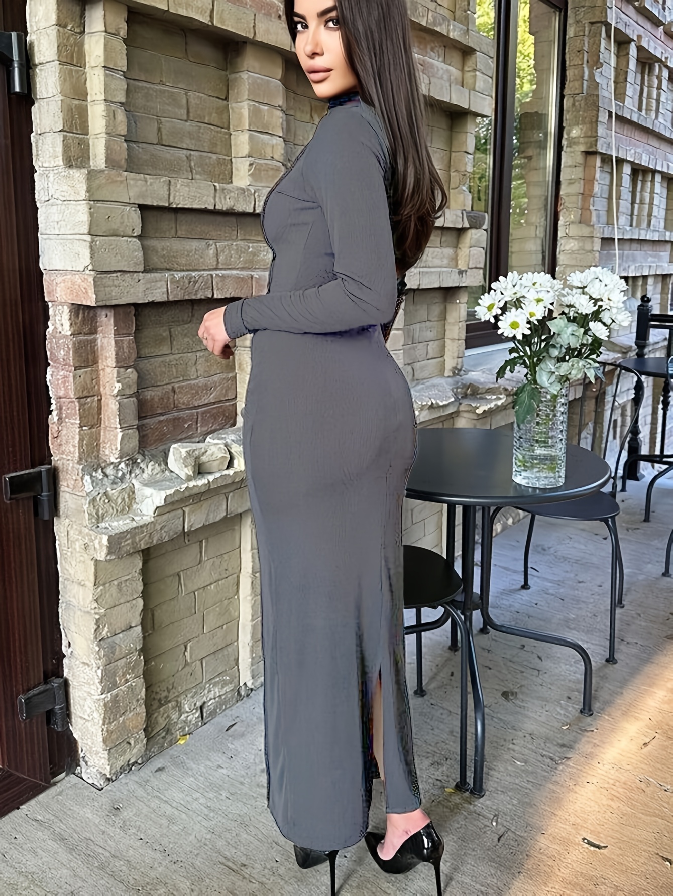 1pc elegant fall winter bodycon dress women solid color knit - Temu Poland