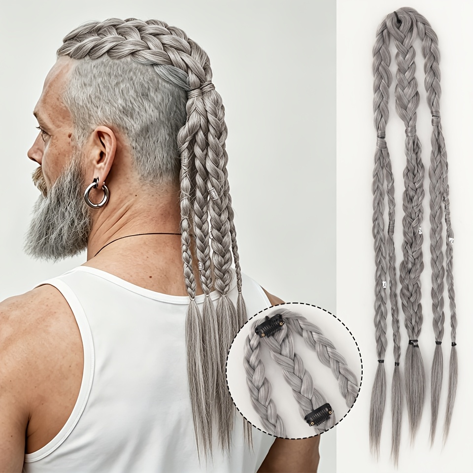 TEMU 24" Clip Long Braided Ponytail Extension Blonde Grey Brown Synthetic Braids Pony Tail Hairpieces With Hair Ring Elastic Tie For Men Daily Party