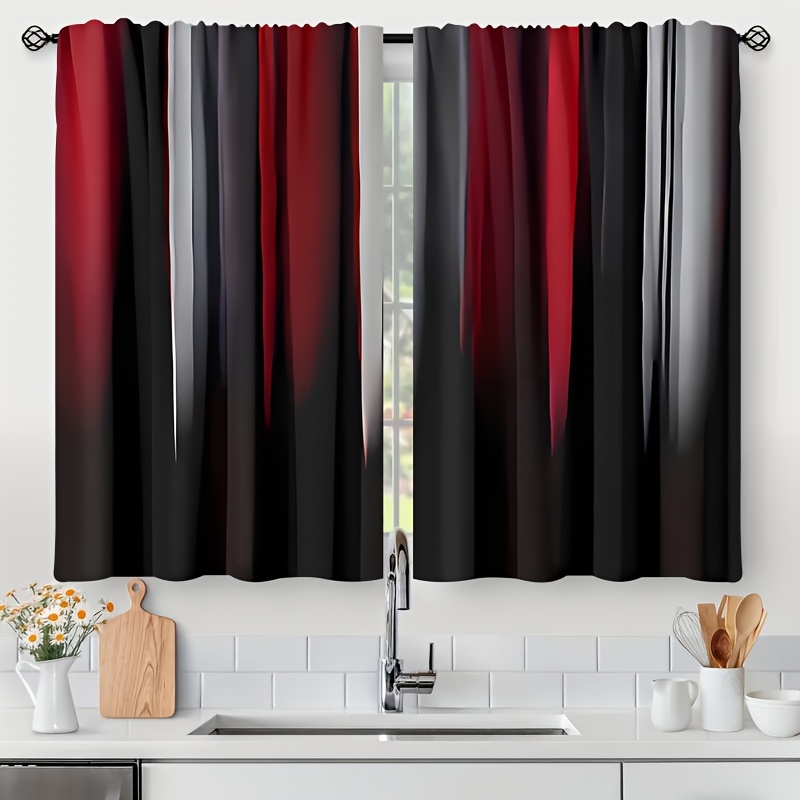 

Contemporary Black Red Printed Short Curtains, 100% Polyester Satin Weave, Light-filtering, Machine Washable, Design Window Treatments, 24" X 59" With Rod Pocket For Kitchen, Cafe, Shop, Bathroom