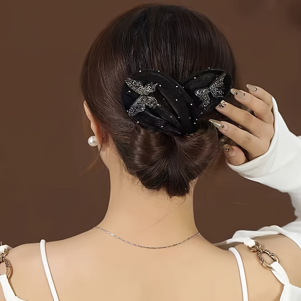 

1pc Elegant Sparkling Rhinestone Butterfly Decorative Hair Curler Flexible Hair Bun Maker For Women And Daily Use Wear