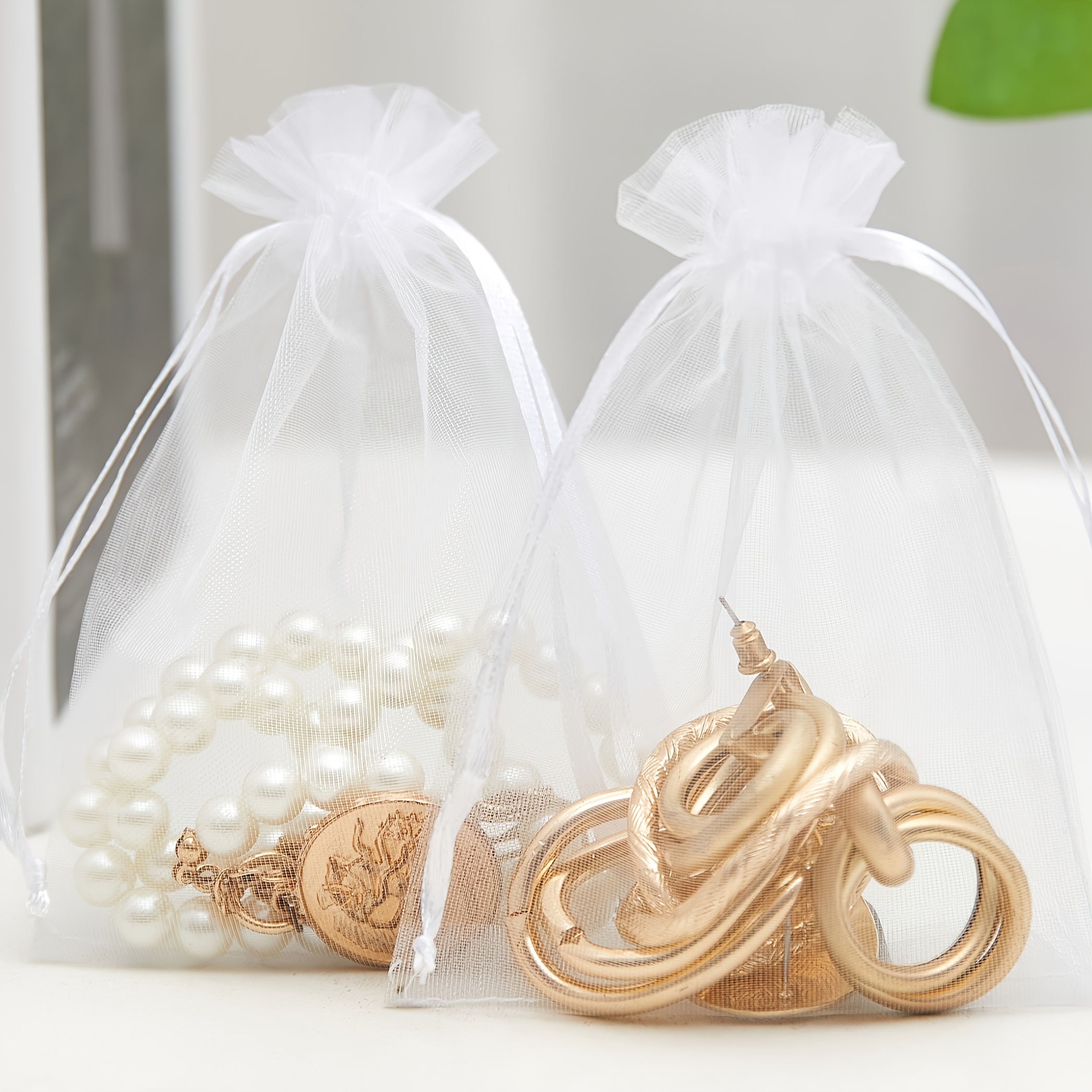 E-shop Geschenk für Sie/Ihn 120 Stück 4"X6" (10cm X 15cm) Weiße Verpackungs-Organzabeutel, Netztüten mit Kordelzug Geschenktüten Schmuckbeutel für