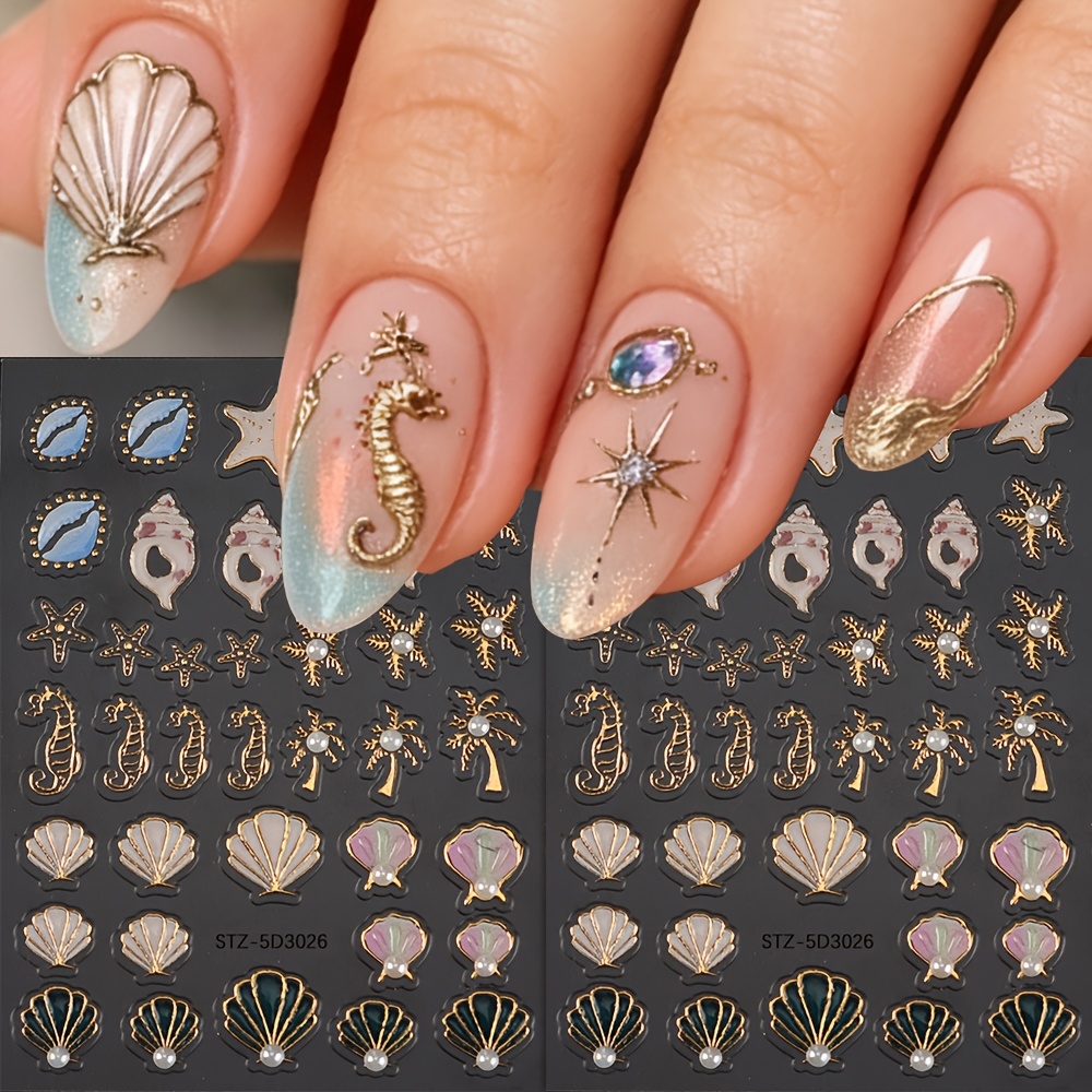 2 Sheets 5d Embossed Marine Style Nail Stickers Hot Foil Shell Starfish Seahorse Palm Tree Self-adhesive Nail Stickers Summer Beach Nail Decoration