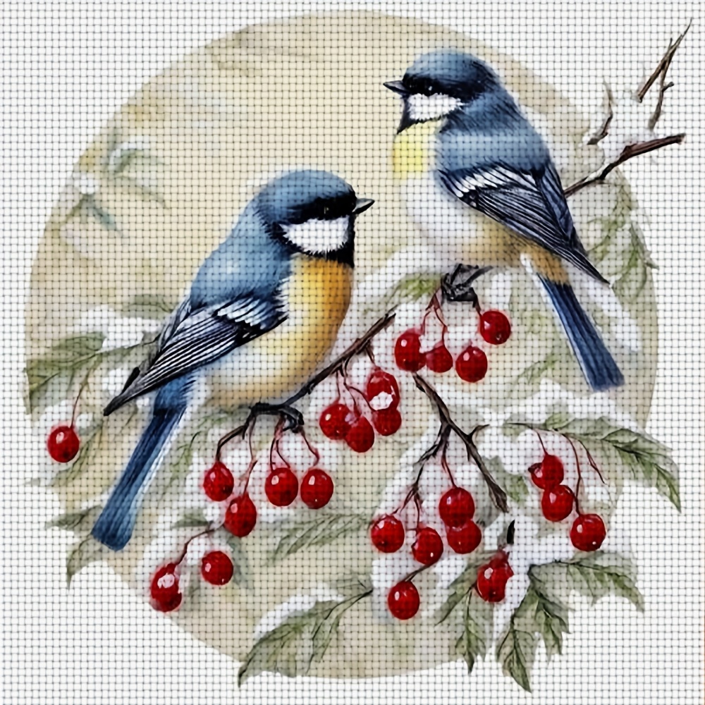 TEMU 1 Set Compleet DIY Kruissteekpakket - Wintervogels op Besneeuwde Tak met Rode Ingelijst Geschikt voor Volwassenen & Beginners, Compleet