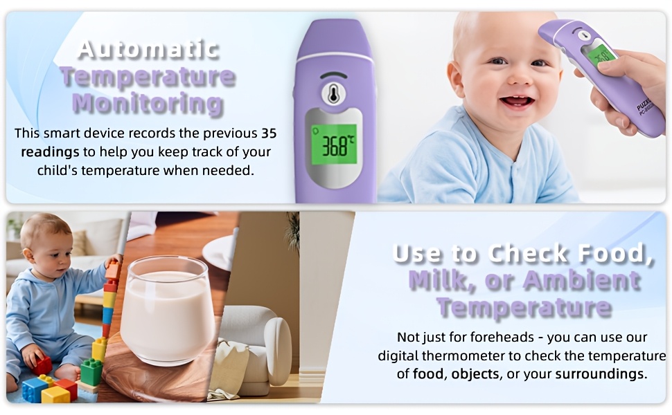 Puzxo Three-In-One Thermometer: Non-Contact Forehead/Ear Temperature/Object Temperature Measurement, Accurate Reading in 1 Second, Three-Color Backlight, LCD Screen Display And Memory Storage, Dual-Use at Home And Clinical, Comes with Battery