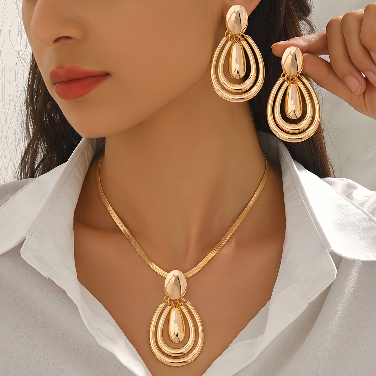TEMU 2pcs Women's Jewelry Set, Oval Teardrop Earrings, Snake Bone Chain Necklace, , Vintage Style, Spring Summer Matching, Autumn Winter Outfit,