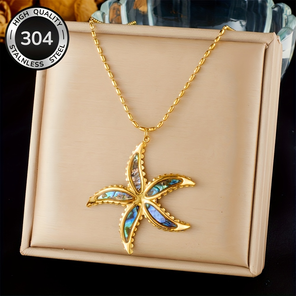 TEMU 1pc Star Pendant Necklace Golden 304 Stainless Steel Material European And American Minimalist Temperament Seaside Vacation Women Autumn Atmosphere Accessories Gift