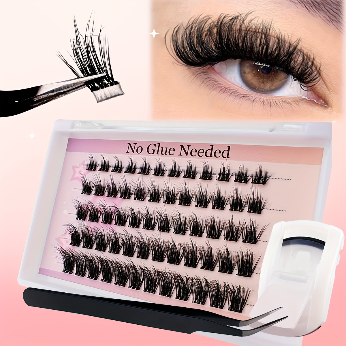 

Easy-apply Self-adhesive Eyelash Kit - 60 Pcs, No Glue Needed, Diy Lash Extensions With Tweezers & Curler, Natural To Fluffy Looks, C-, 8-16mm Mix