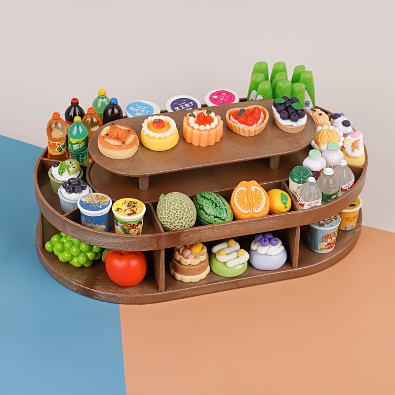 

[1pc Mini Supermarket Display Stand] Miniature Supermarket Display Stand, Plastic Collectible Food And Beverage Shelf, Realistic Party Decor, With Fruits, Desserts, And Snacks For 14+