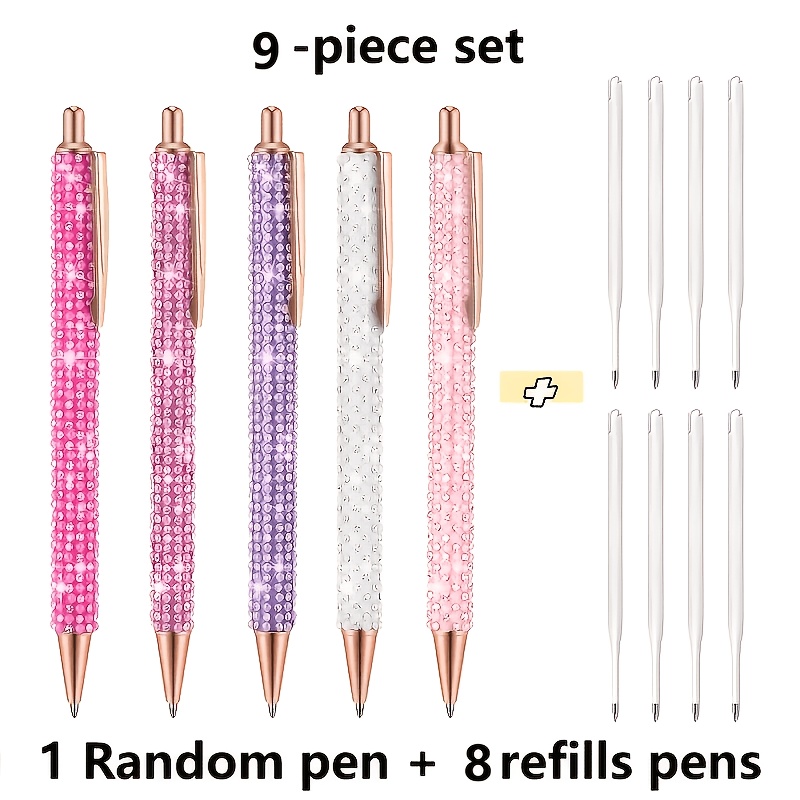TEMU 9pcs Set Light Luxury Rhinestone-encrusted Ballpoint Pen Set, Includes 1 Random Pen + 8 Random Refills, Creative Gift Writing Pen, Stylish