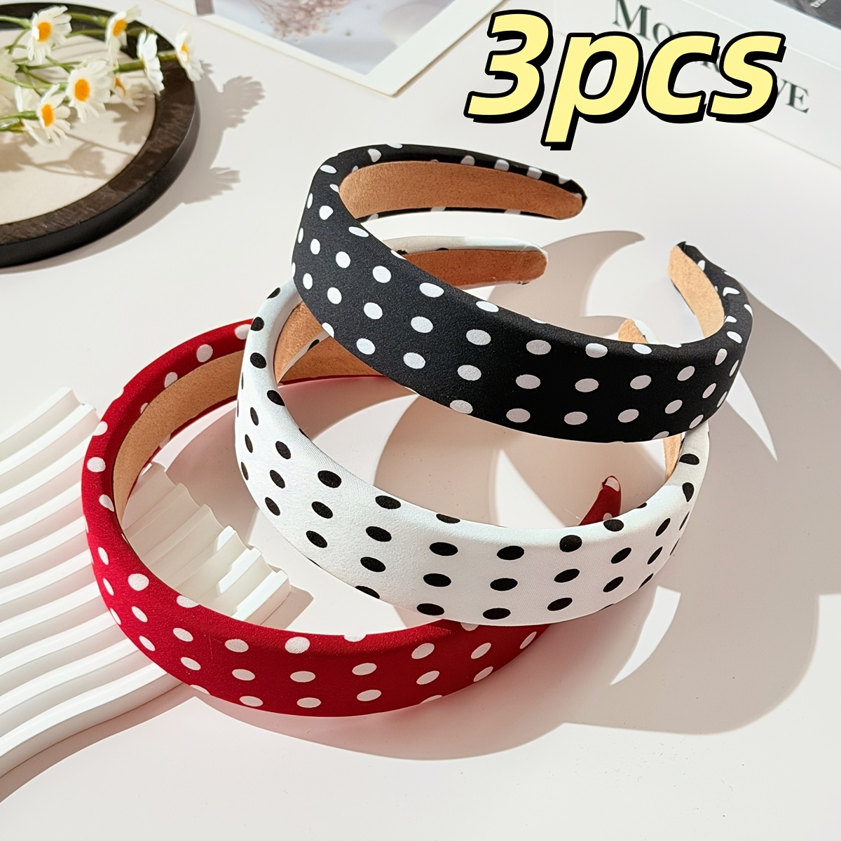 Image of 3-pack Sweet Polka Dot Headbands, Elegant High Crown Sponge Headbands, Hair-pressing Hair Clips, Fashionable Polka Dot Versatile Hair Accessories