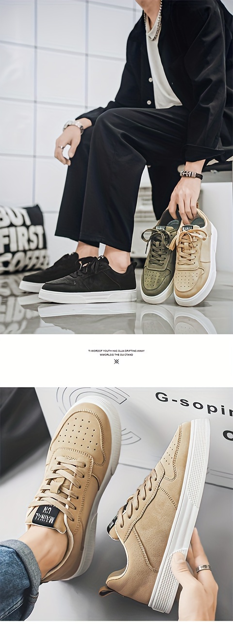 Men's Casual Street Skateboarding Shoes - Solid Color All-Season Low-Top Sneakers with Lace-Up Closure, PU Upper, Fabric Inner, PVC Sole, Fabric Insole, Round Toe for Daily Wear