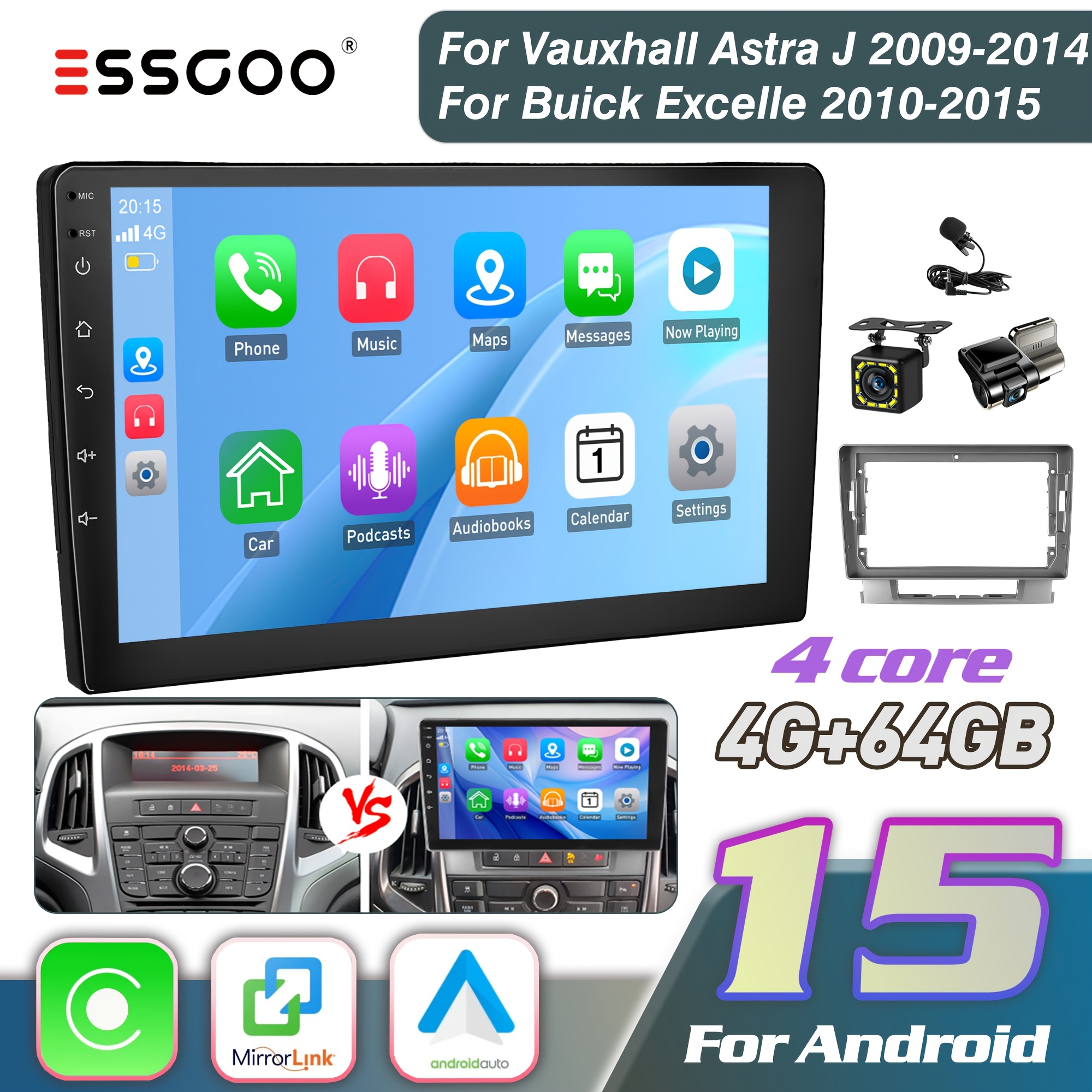 Essgoo 15 For J/ Excelle | 4+64g, , 22.86 Cm Screen, Fm Rds Eq Gps Wifi Swc, Reversing Camera, Microphone Dashcam, High-resolution Screen, Sleek Car Stereo, System, Fm Rds Receiver